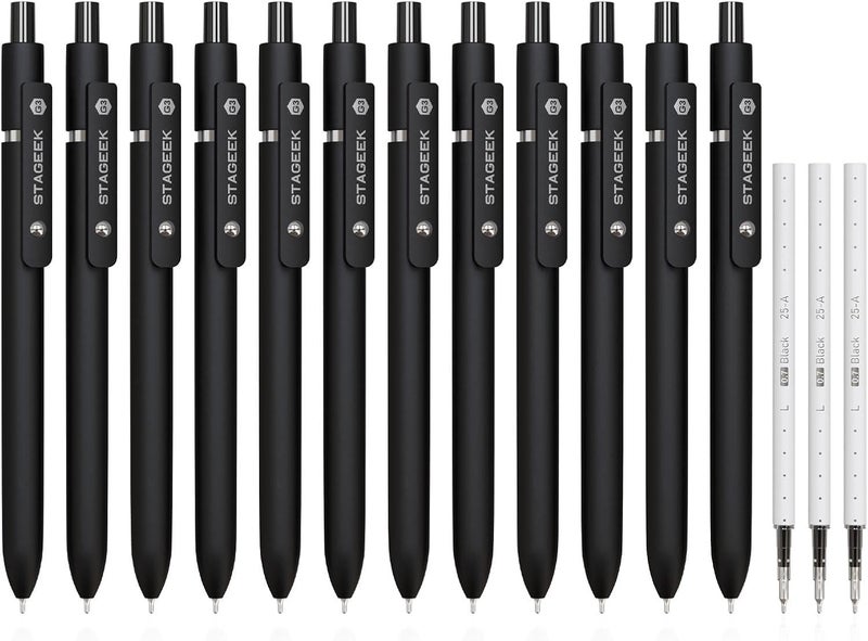 STAGEEK Black Gel Pens, 12Pcs Fine Point Smooth Writing Pens with 3 Extra Refills, Quick Dry Black Ink Pens for Journaling, Office, Note Taking, School Supplies, Nurse Aesthetic(Black) - Image 1